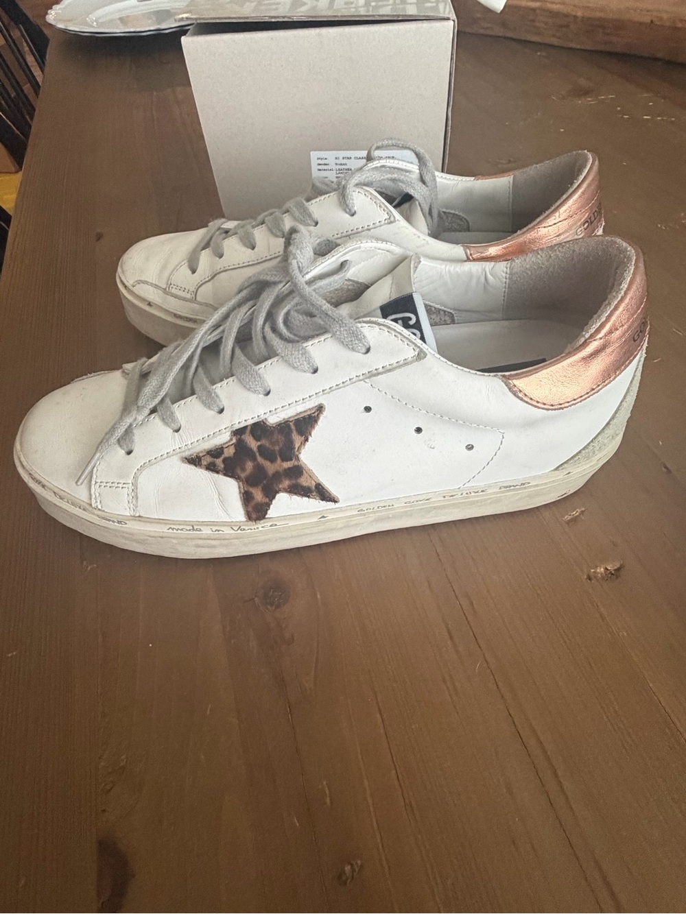 Golden Goose White Leather Sneakers with Leopard Star and Rose Gold Heel Tab